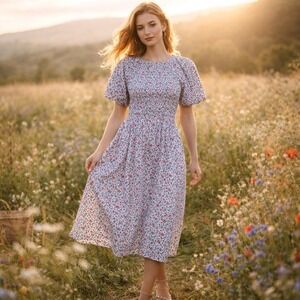 J.Crew Meadow PoppySmocked Floral Midi Sundress Petite S Cottagecore Prairie